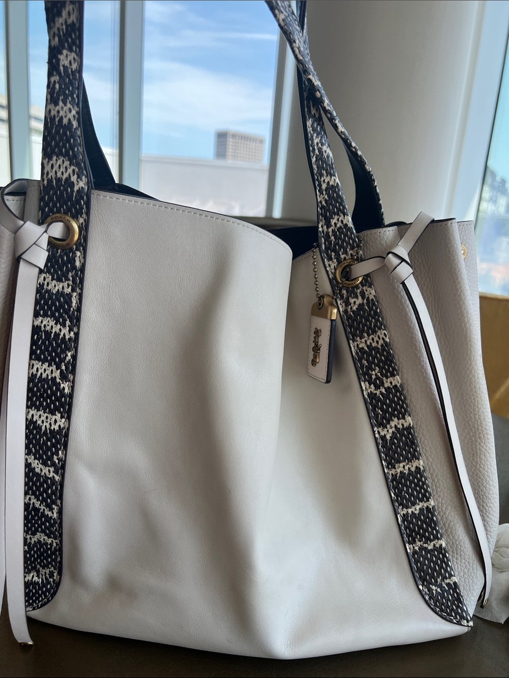 Coach White Tote with Black-and-White Snake Print Leather Trim
